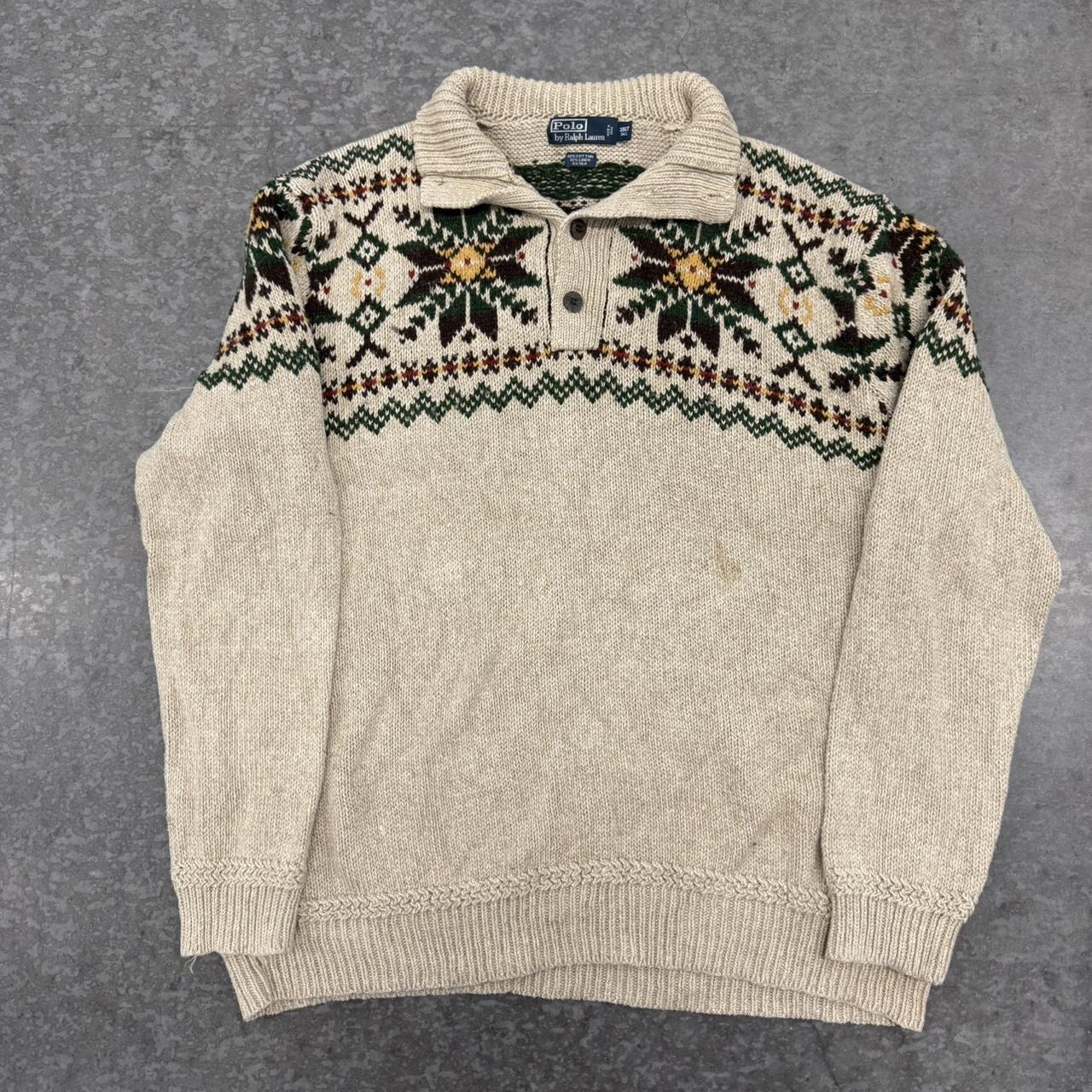 P0 Polo Ralph Lauren Men's Cream and Tan Jumper - Image 1